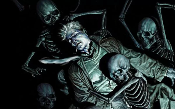 HD comic-inspired Hellblazer desktop wallpaper featuring a tense scene with a man surrounded and grabbed by eerie skeleton figures in a dark, dramatic setting.