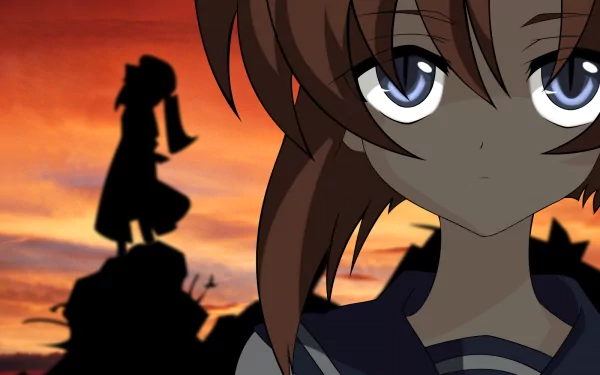 A high-definition desktop wallpaper featuring Rena Ryūgū from Higurashi When They Cry, set against a dramatic sunset background with a silhouette in the distance.