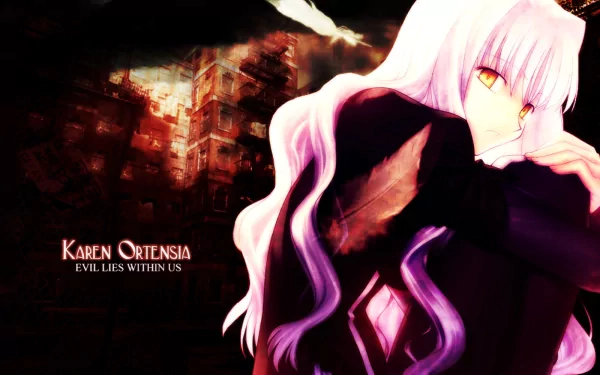HD PC desktop wallpaper featuring Caren Hortensia from the anime Fate/Hollow Atarax, showcasing her with long white hair and glowing yellow eyes against a dark, fiery background.