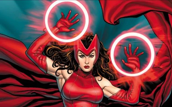 HD PC desktop wallpaper of Scarlet Witch (Ultimates) in red costume, cape billowing, palms raised conjuring glowing magic circles — comic art.