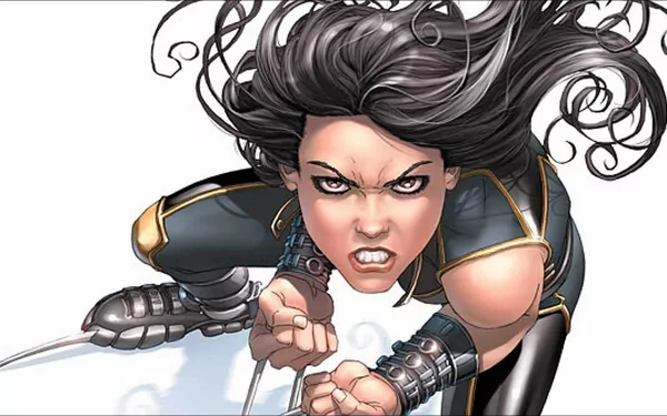 HD PC desktop wallpaper featuring a dynamic comic-style illustration of X-23 in an intense action pose with flowing hair and sharp claws.