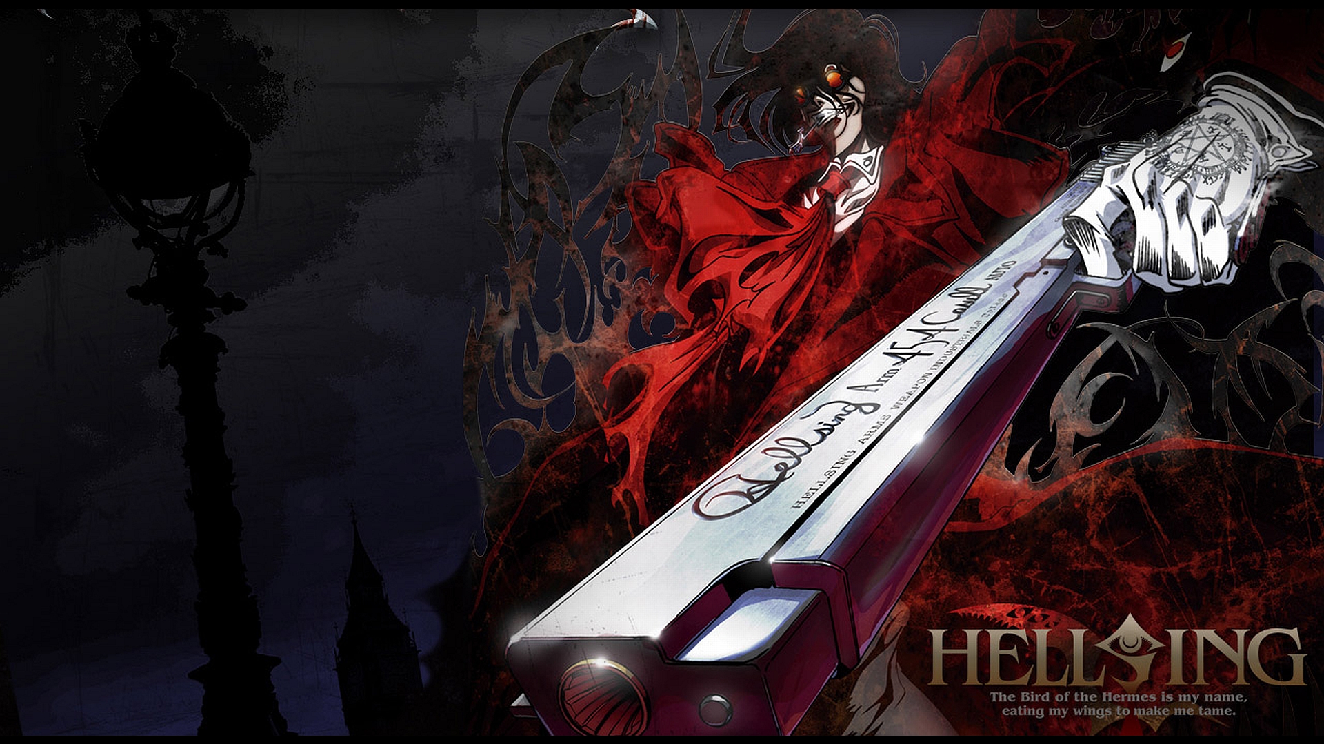 Dark and mysterious anime wallpaper featuring a Hellsing character.