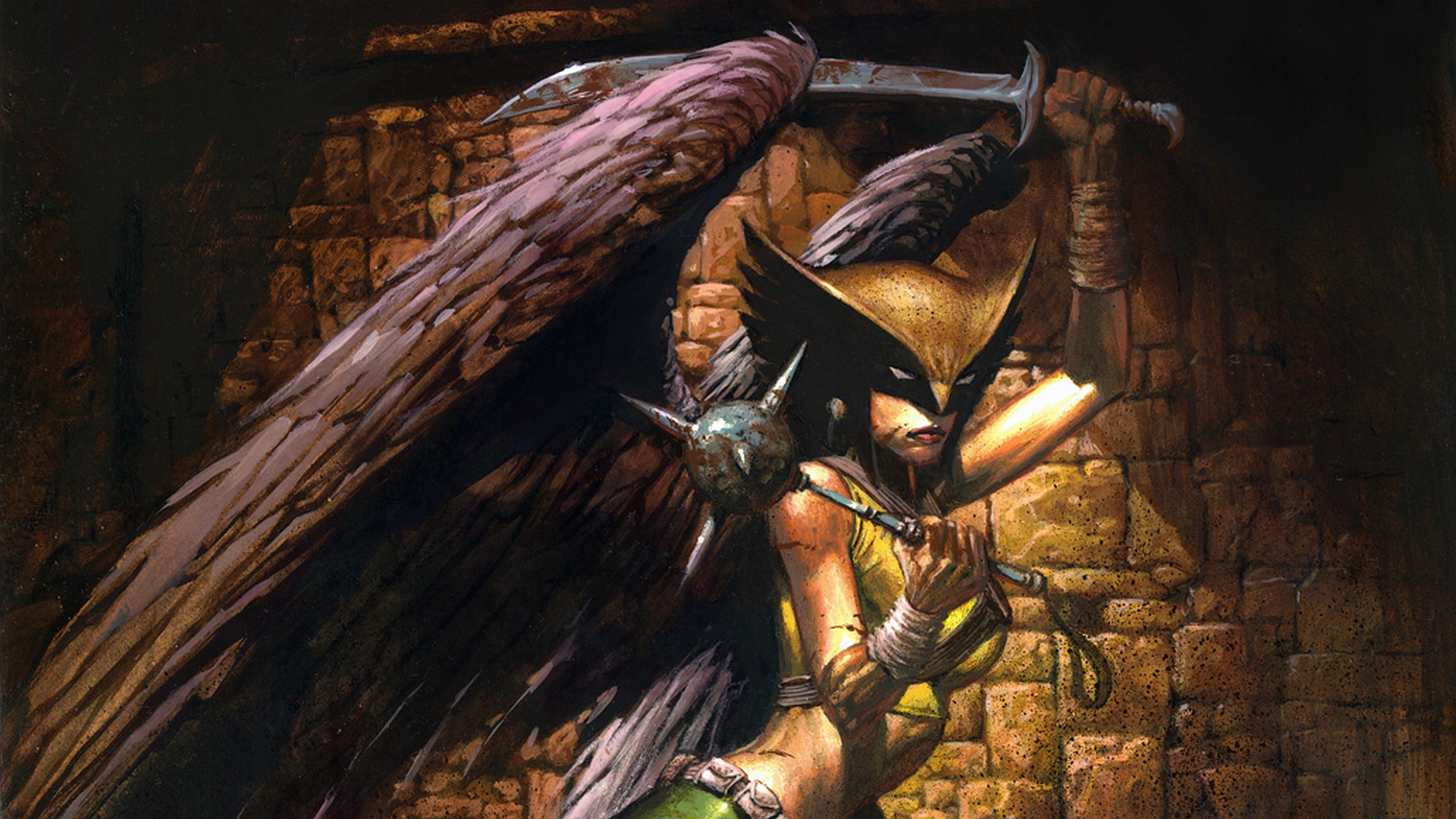 Hawkgirl in fierce battle attire wields a mace and sword, donning a signature helmet with majestic wings - a powerful image from DC Comics.