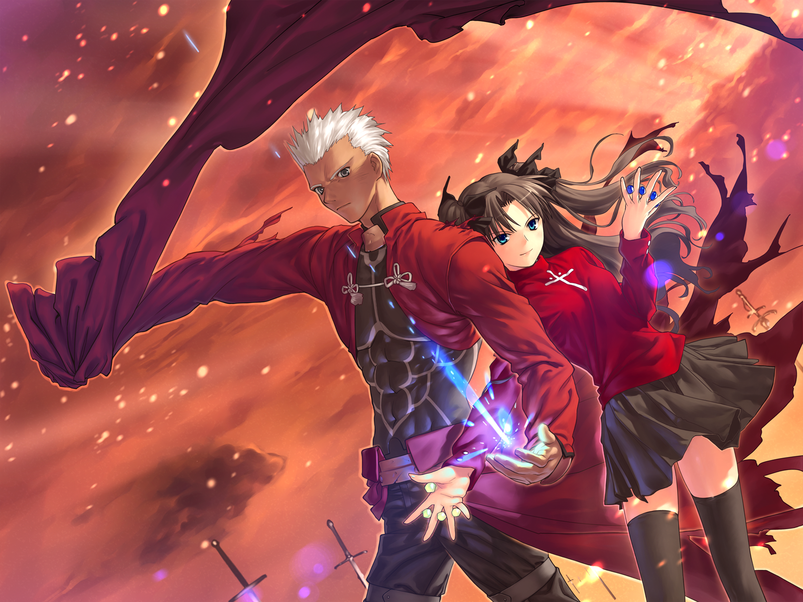 Fate/Stay Night Anime Characters Rin Tohsaka and Archer in a captivating scene.