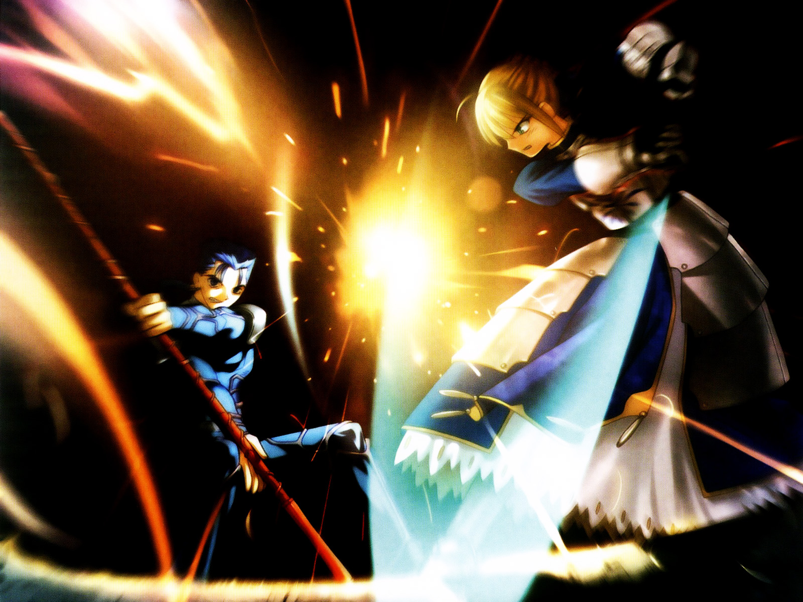 Fate/Zero characters Saber and Lancer in anime style desktop wallpaper.