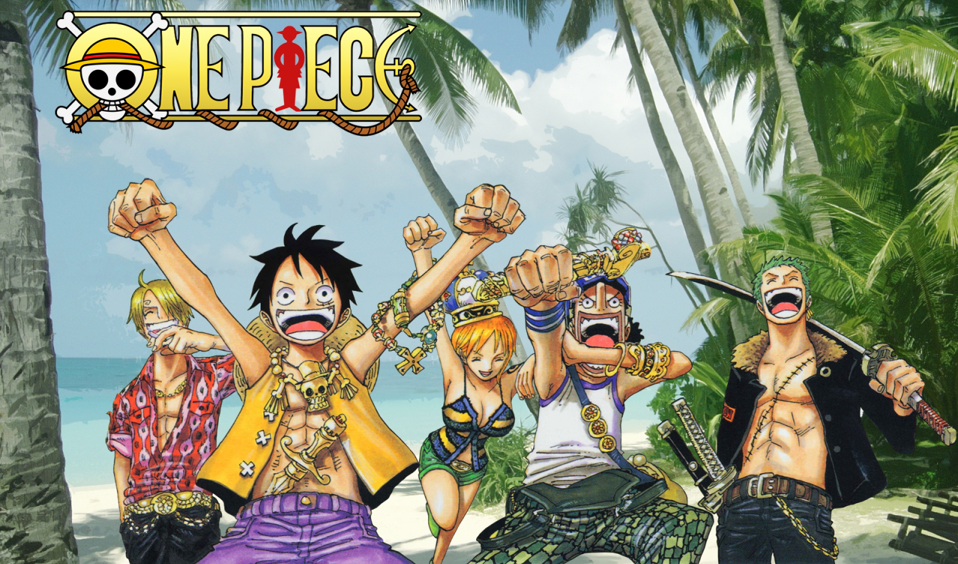 Anime characters from One Piece including Sanji, Luffy, Nami, Usopp, and Zoro.