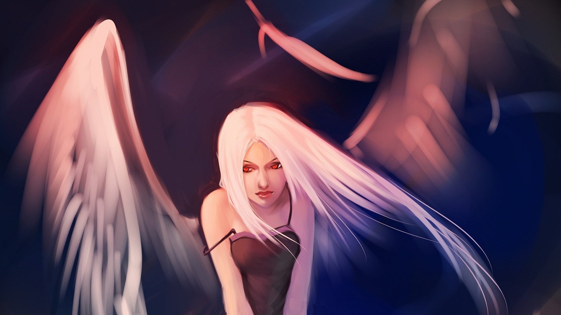 HD PC fantasy angel desktop wallpaper: white-haired angel with glowing wings and flowing hair against a dark, ethereal background.