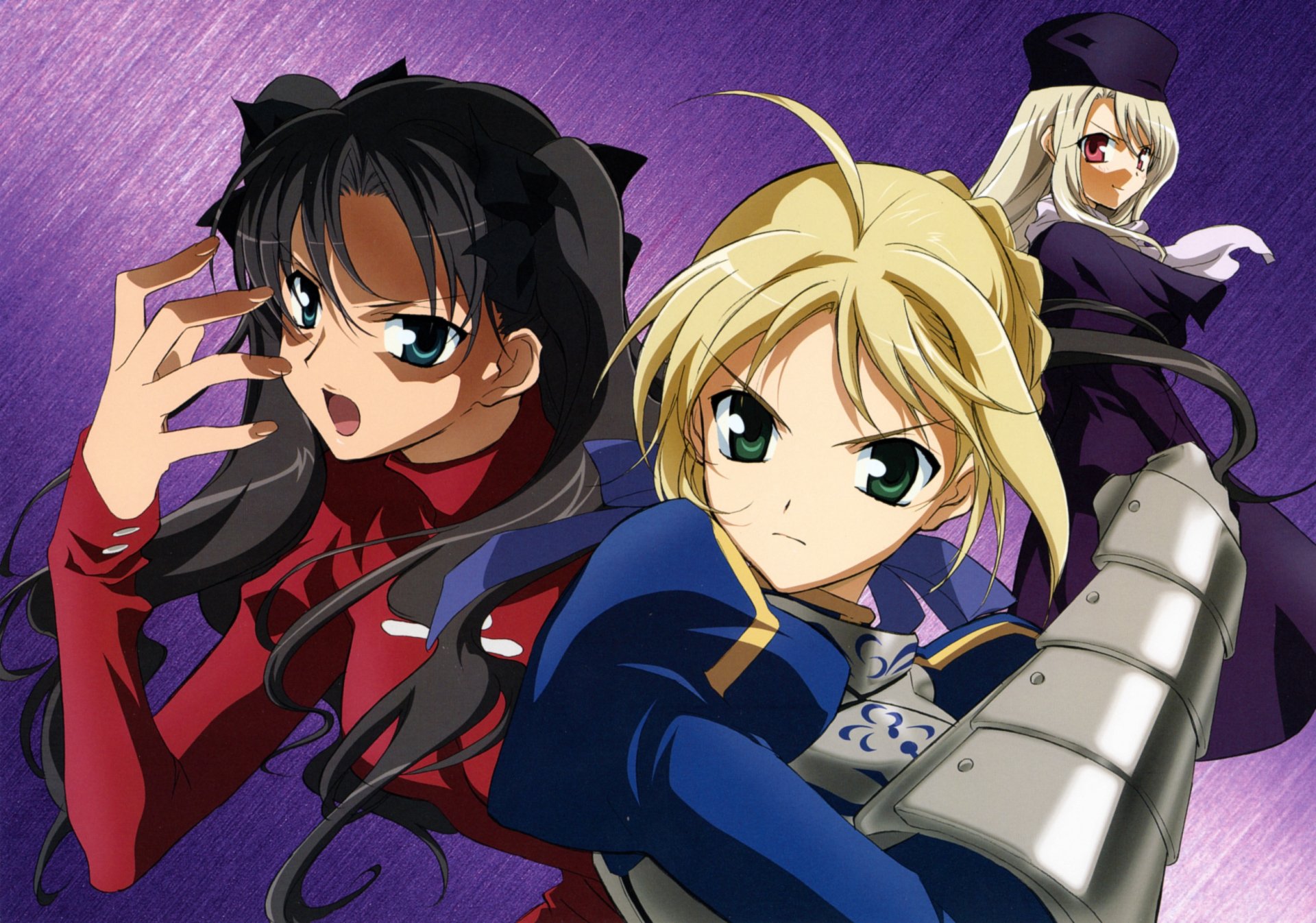 HD desktop wallpaper featuring anime characters Rin Tohsaka, Saber, and Illyasviel Von Einzbern from Fate/Stay Night against a purple background.