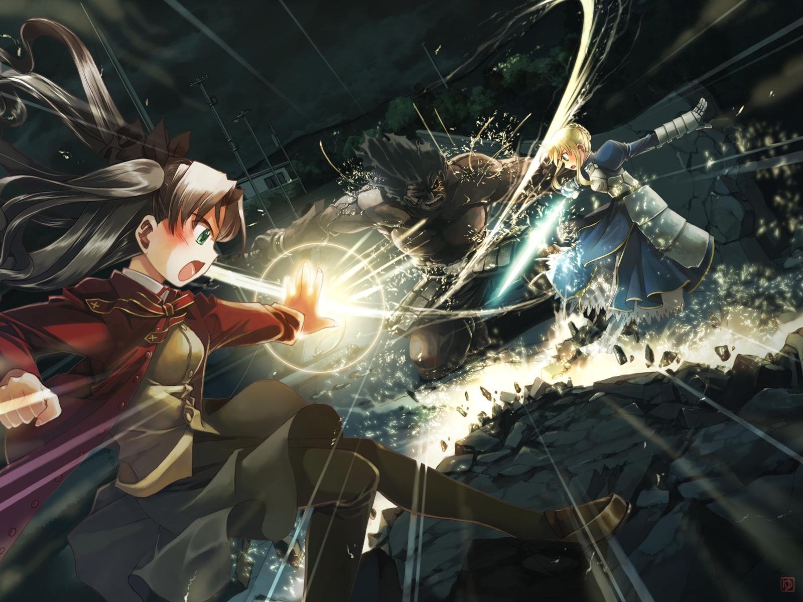 An action-packed scene featuring Berserker and Saber from the Fate series, with Rin Tohsaka unleashing magical energy, set against a dramatic anime backdrop. High-definition desktop wallpaper.