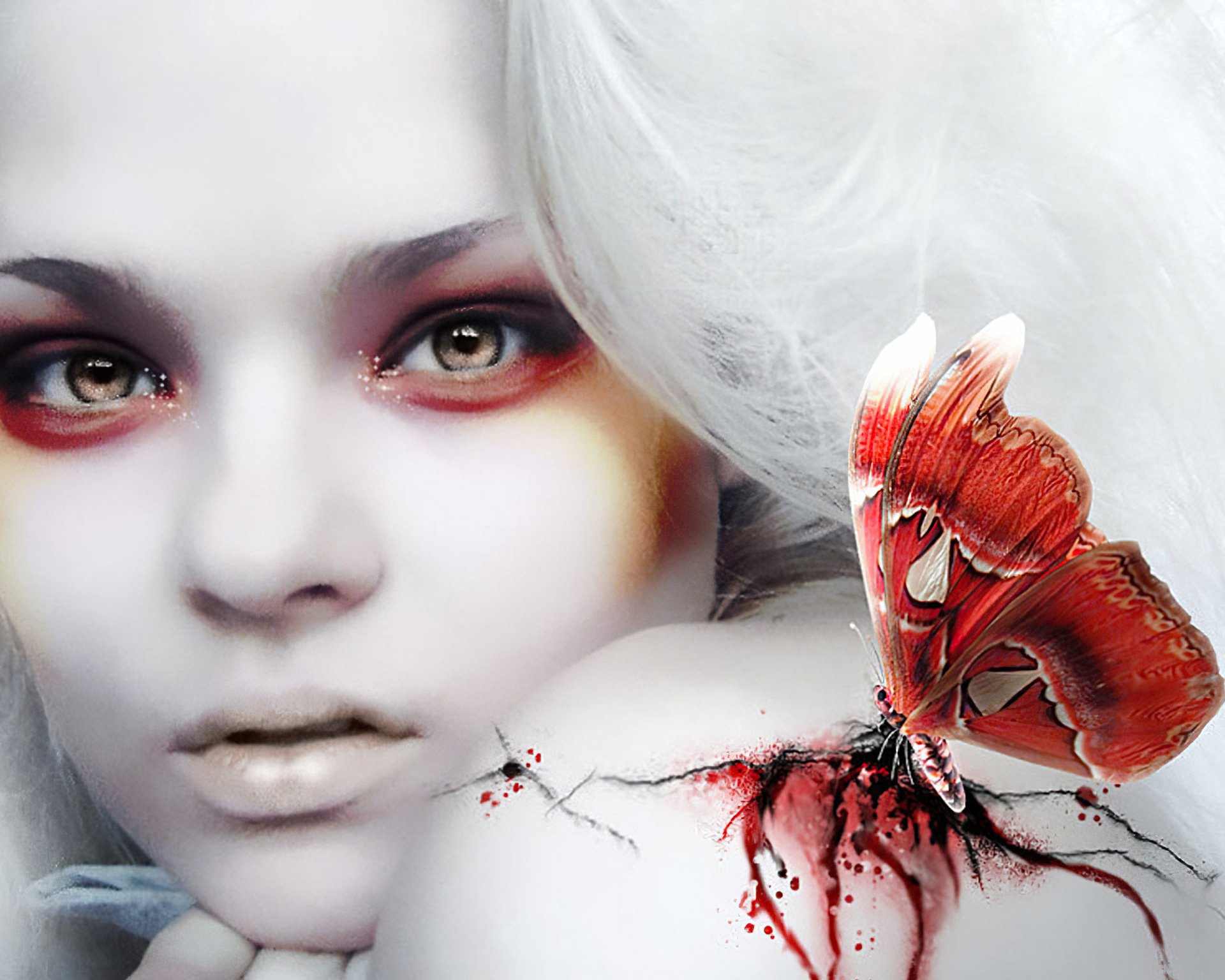 A striking HD desktop wallpaper featuring a dark, ethereal woman with pale skin and bold red accents, accompanied by a vibrant red butterfly and intricate details.