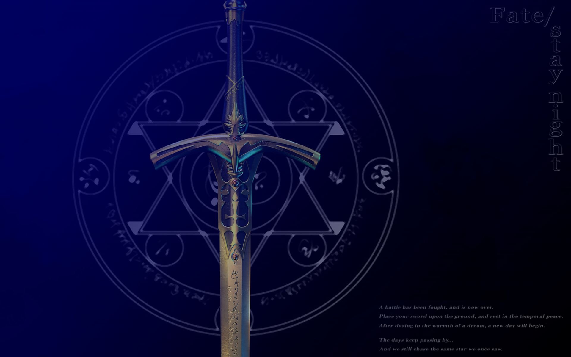 HD PC desktop wallpaper featuring a detailed sword from the anime Fate/Stay Night, set against a dark background with a magical circle design.