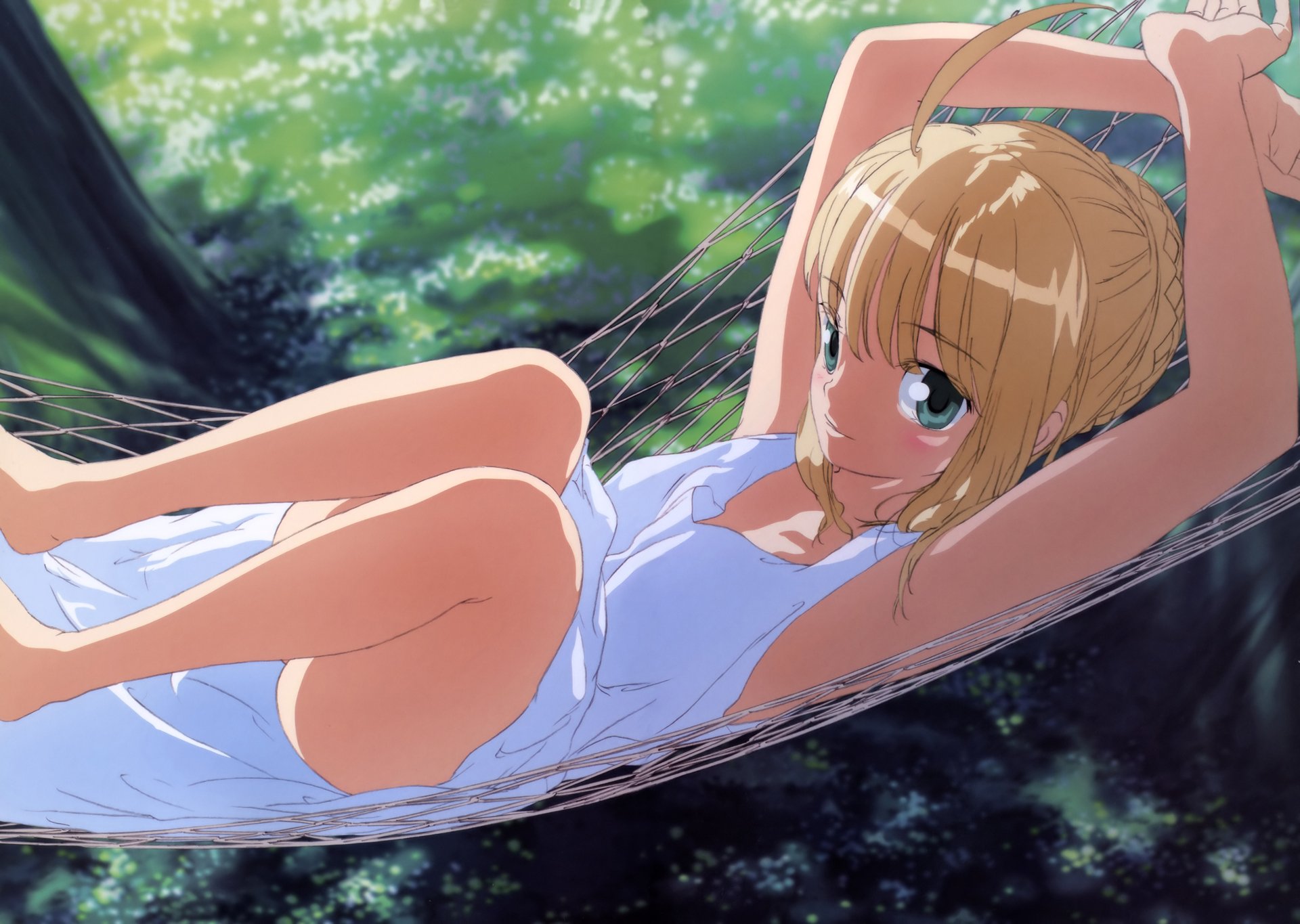 HD PC desktop wallpaper featuring Saber from Fate/Stay Night anime lounging in a hammock amidst a sunlit forest background.