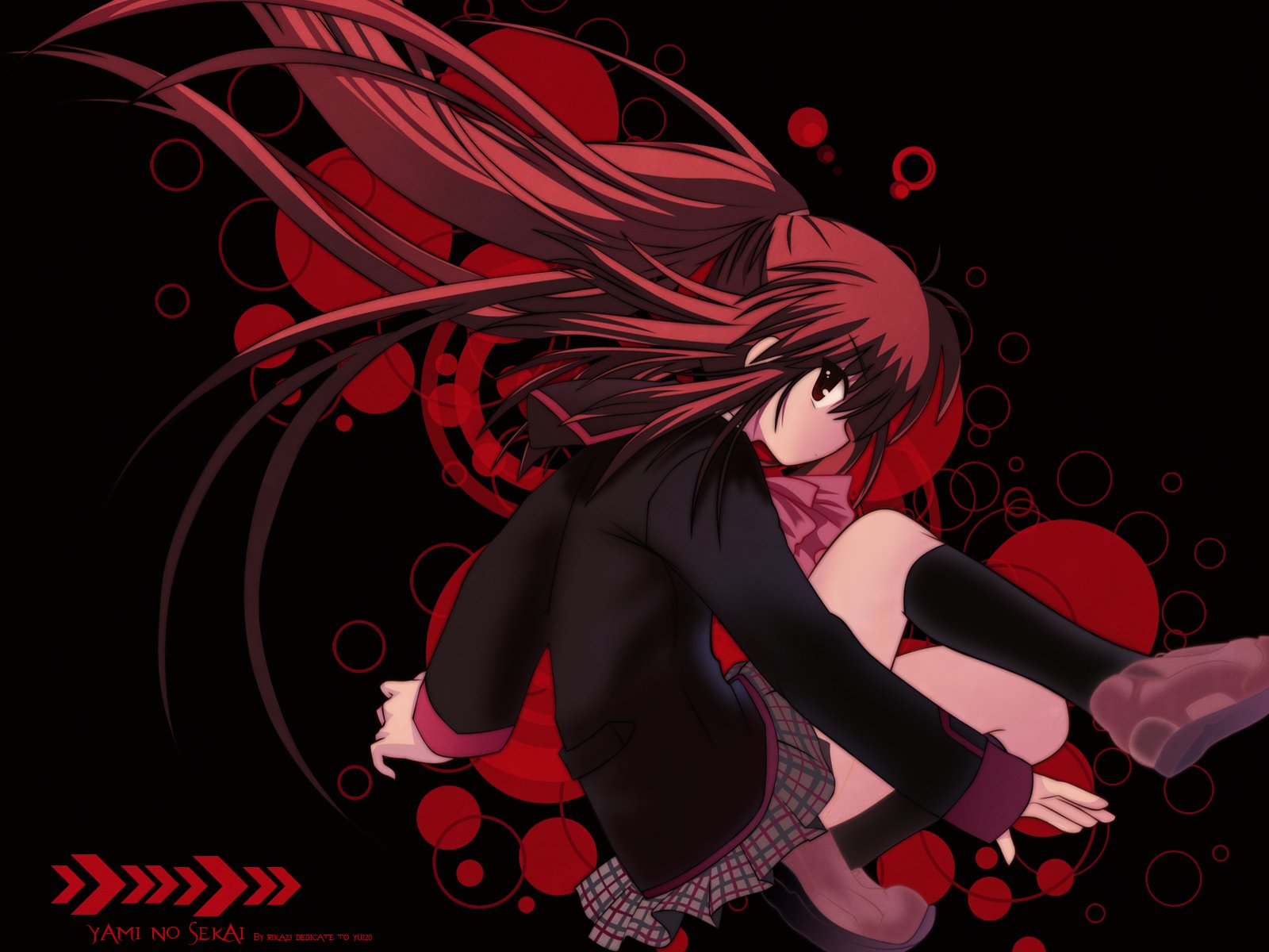 HD PC desktop wallpaper featuring a dynamic anime-style character from Little Busters! with flowing hair and a dark, red-accented background.