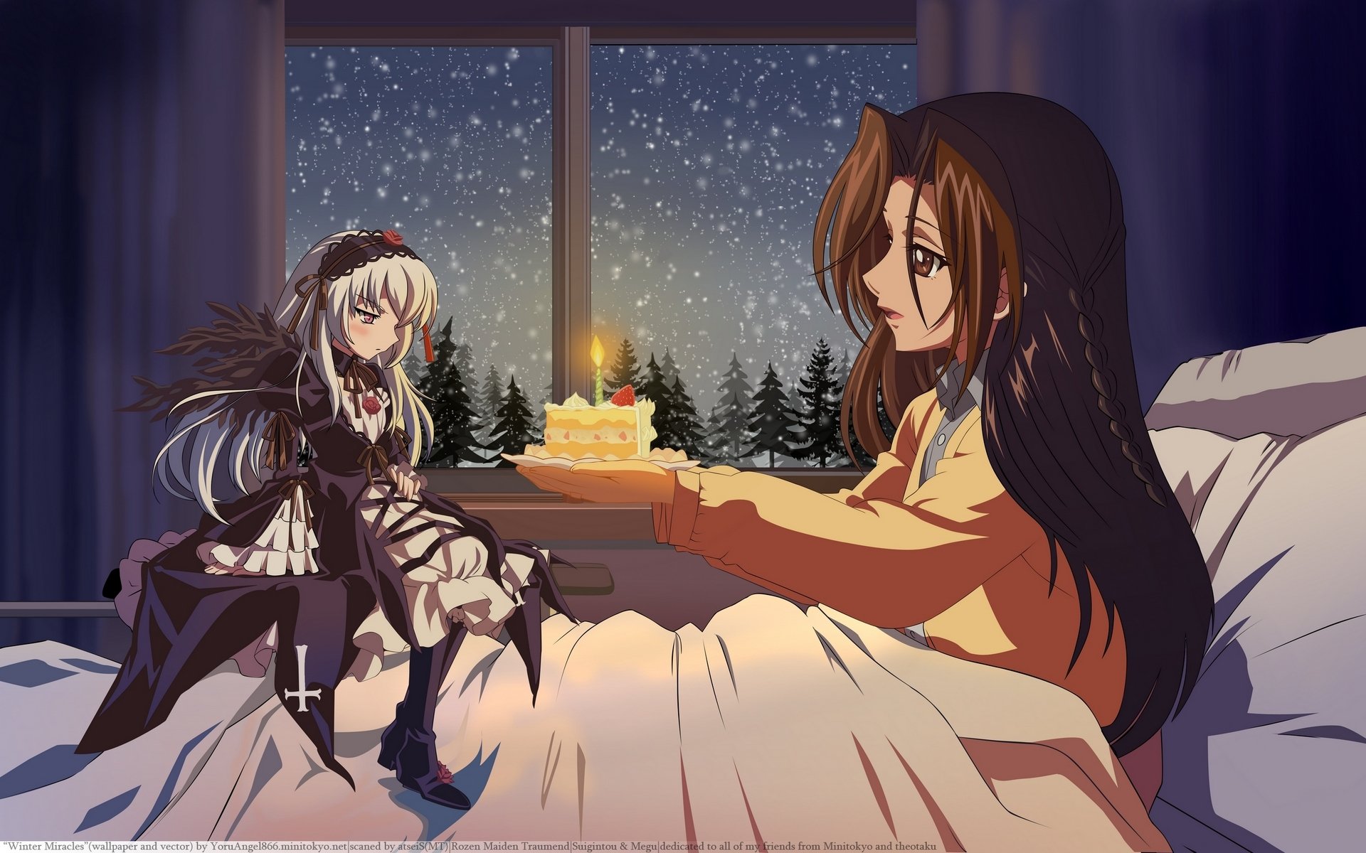 Anime HD PC desktop wallpaper featuring two Rozen Maiden characters in a cozy room with a snowy night visible through the window.