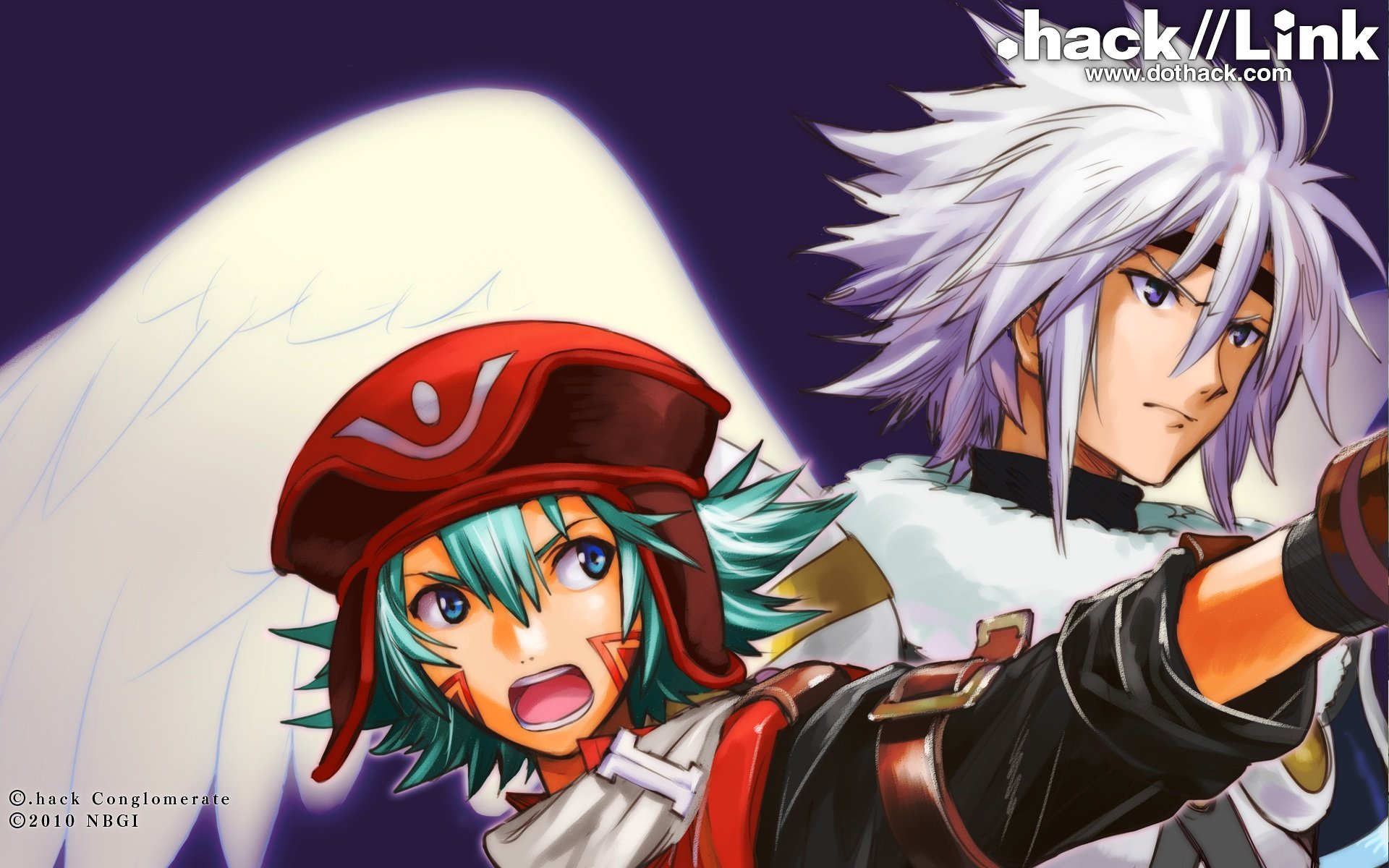 HD PC desktop wallpaper of Balmung and Kite from .hack//Link — Kite in a red cap shouting in the foreground, white‑haired Balmung with wings behind against a deep purple backdrop.