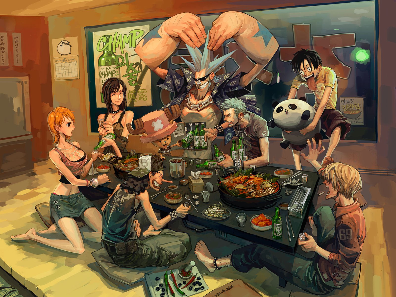 HD desktop wallpaper featuring characters from the anime One Piece enjoying a meal together in a lively setting.