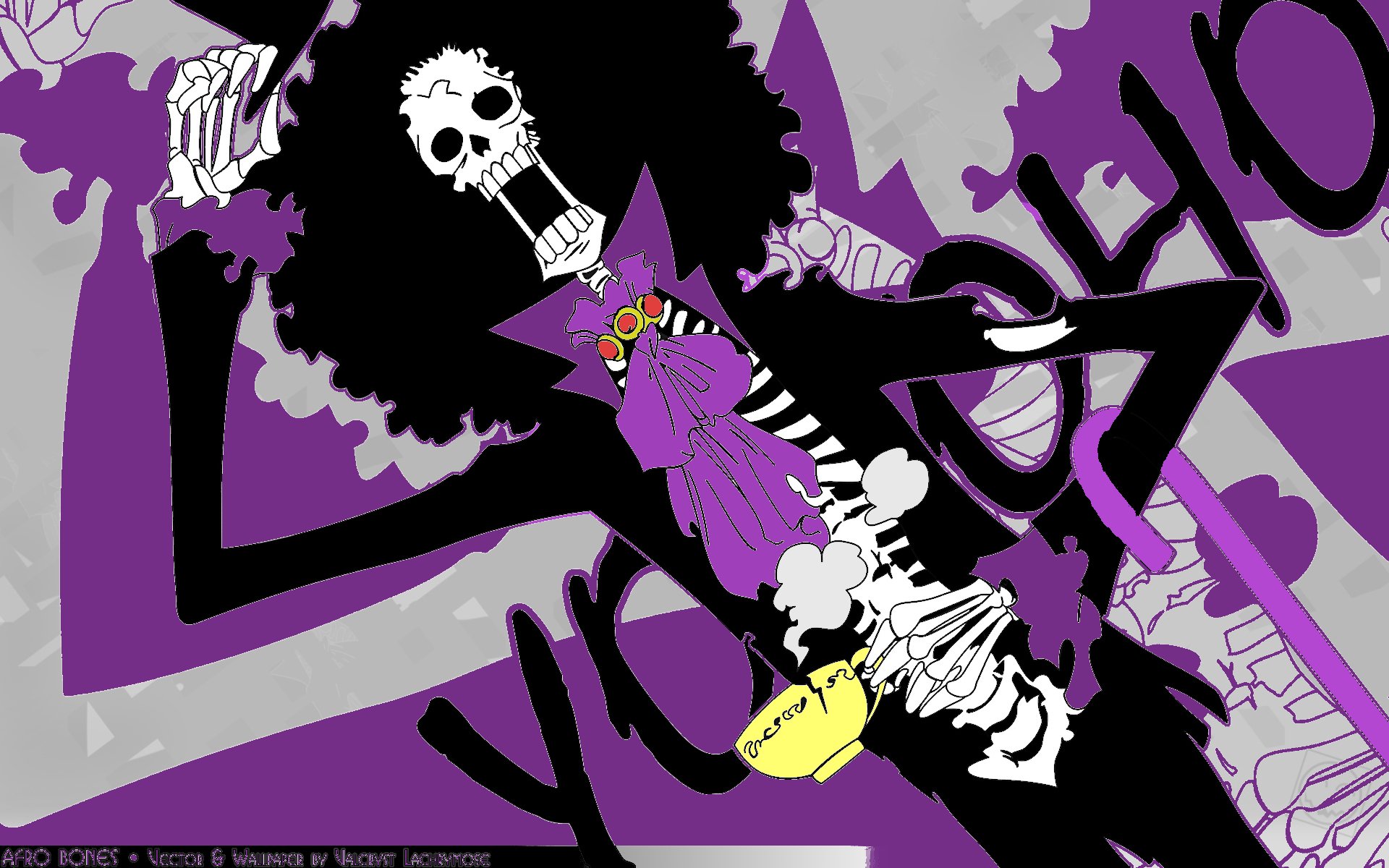 HD desktop wallpaper featuring a vibrant anime scene from One Piece, showcasing a skeletal character with an expressive pose against a dynamic purple background.