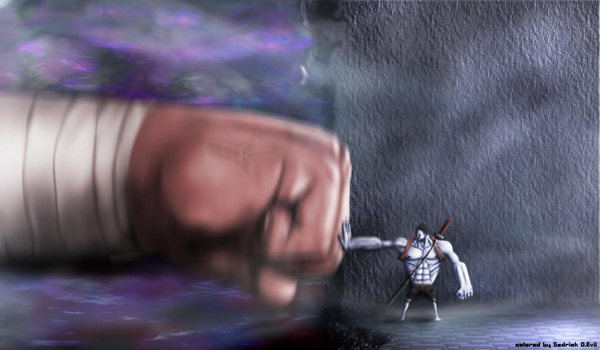 A dramatic HD desktop wallpaper featuring a powerful moment from the anime One Piece, showcasing a giant fist looming over a smaller character in a striking scene.