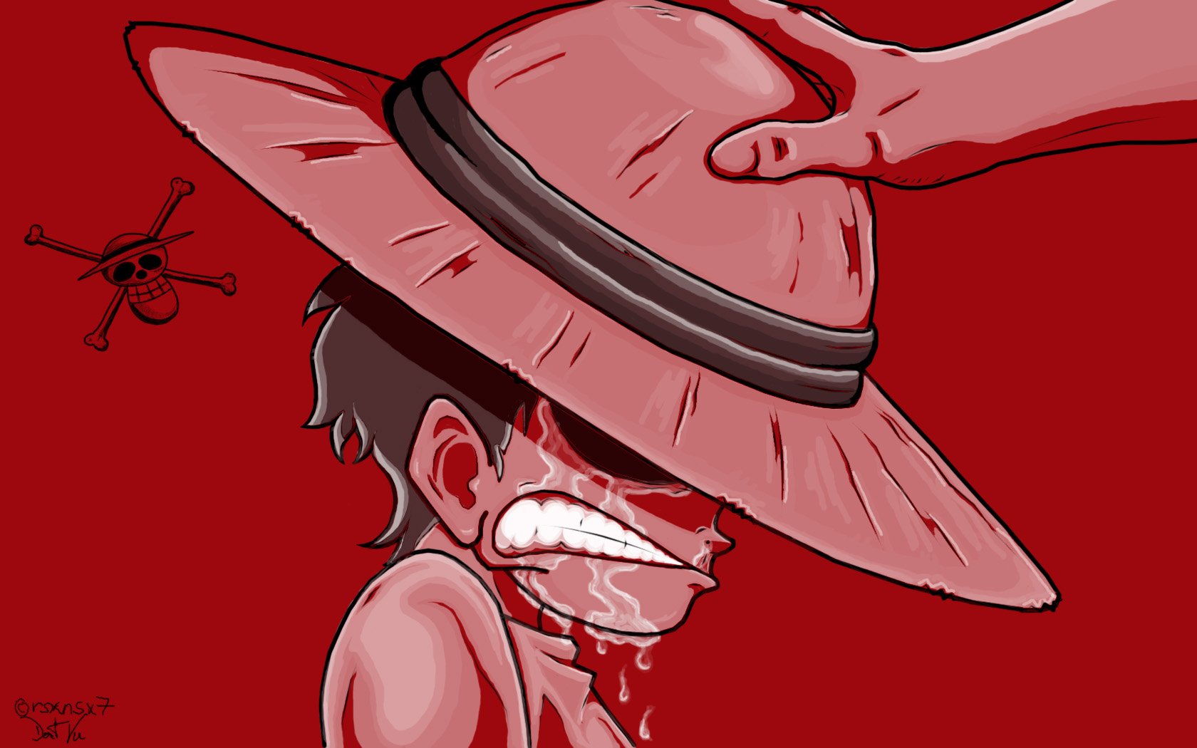 A striking HD desktop wallpaper featuring an intense scene from the anime One Piece, showcasing a character with a significant expression and a red background.