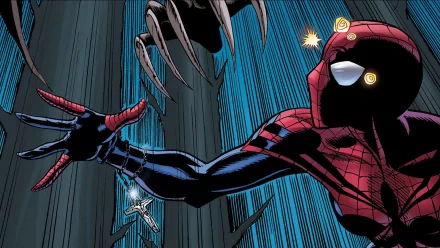Comic-style HD PC desktop wallpaper featuring Spider-Girl reaching out as a mechanical spider claw descends against a dynamic, streaked blue background.