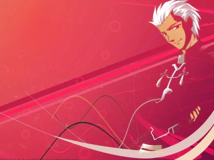 HD PC desktop wallpaper featuring Archer from Fate/Stay Night anime, set against a vibrant red background with dynamic lines and subtle geometric accents.