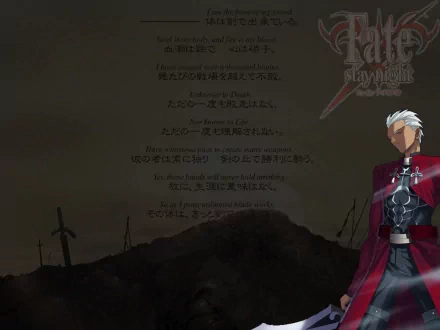 An HD wallpaper featuring Archer from Fate/Stay Night, with a dark, atmospheric background and stylized text, capturing the essence of Fate/Stay Night: Unlimited Blade Works.