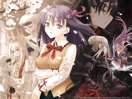 HD anime desktop wallpaper featuring Rider, Justeaze Lizrich Von Einzbern, Saber Alter, Illyasviel Von Einzbern, Rin Tohsaka, and Sakura Matou from Fate/Stay Night.