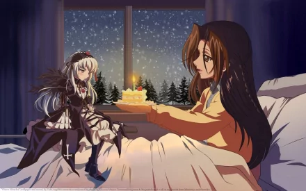 Anime HD PC desktop wallpaper featuring two Rozen Maiden characters in a cozy room with a snowy night visible through the window.