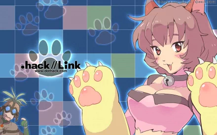 .hack//Link anime HD PC desktop wallpaper: pink catgirl with oversized paw gloves and bell collar against a blue-green checkerboard paw-print background, with a smaller character at left.