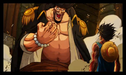 A dynamic HD wallpaper featuring Monkey D. Luffy confronting Marshall D. Teach from the anime One Piece, showcasing their intense rivalry in a vividly colored scene.