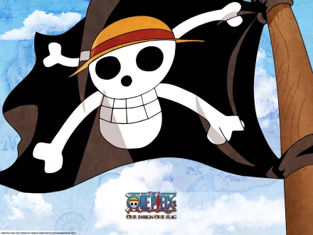 A vibrant HD wallpaper featuring the iconic Straw Hat Pirates flag from the anime One Piece, showcasing a playful skull with a straw hat against a blue sky backdrop.