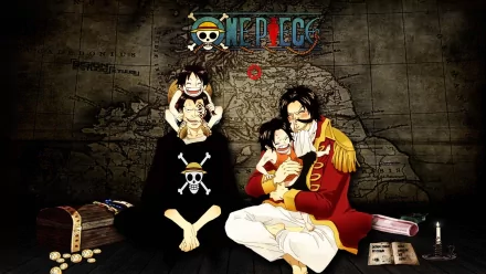 Anime HD wallpaper featuring Gol D. Roger, Portgas D. Ace, Monkey D. Luffy, and Monkey D. Dragon. The background includes a One Piece logo and a nautical map.