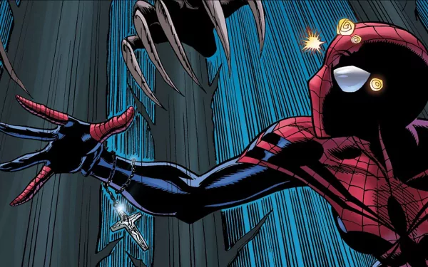 Comic-style HD PC desktop wallpaper featuring Spider-Girl reaching out as a mechanical spider claw descends against a dynamic, streaked blue background.