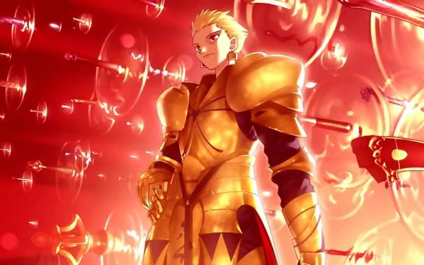 Archer from Fate/Zero stands confidently in golden armor amidst a backdrop of glowing red magical circles in this HD anime desktop wallpaper.