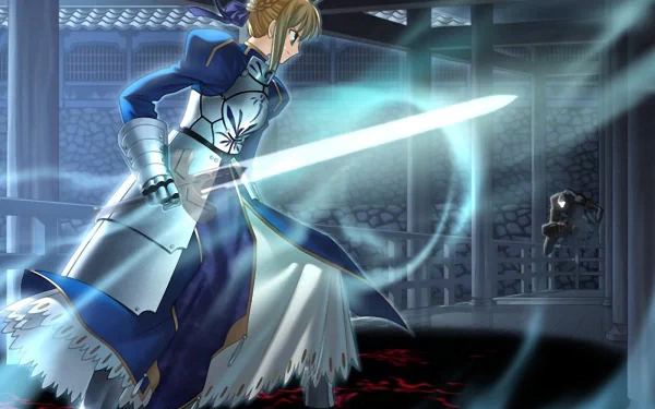 HD desktop wallpaper featuring Saber and Assassin from Fate/stay night in a dramatic, glowing battle scene from the Fate series anime.