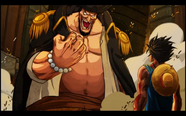 A dynamic HD wallpaper featuring Monkey D. Luffy confronting Marshall D. Teach from the anime One Piece, showcasing their intense rivalry in a vividly colored scene.