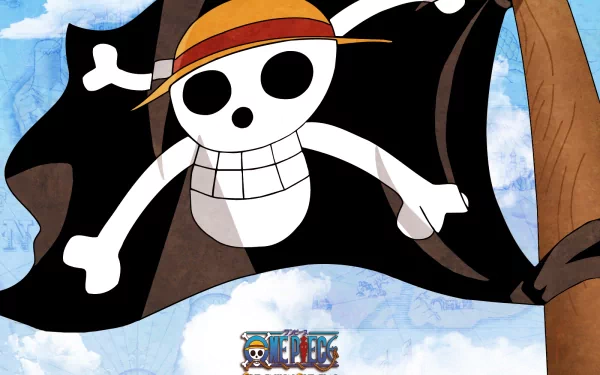 A vibrant HD wallpaper featuring the iconic Straw Hat Pirates flag from the anime One Piece, showcasing a playful skull with a straw hat against a blue sky backdrop.