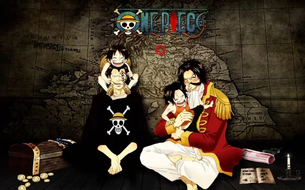 Anime HD wallpaper featuring Gol D. Roger, Portgas D. Ace, Monkey D. Luffy, and Monkey D. Dragon. The background includes a One Piece logo and a nautical map.