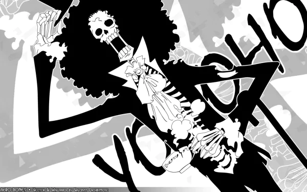 HD desktop wallpaper featuring Brook from One Piece, illustrating his iconic skeletal character with a playful pose and vibrant elements typical of anime style.