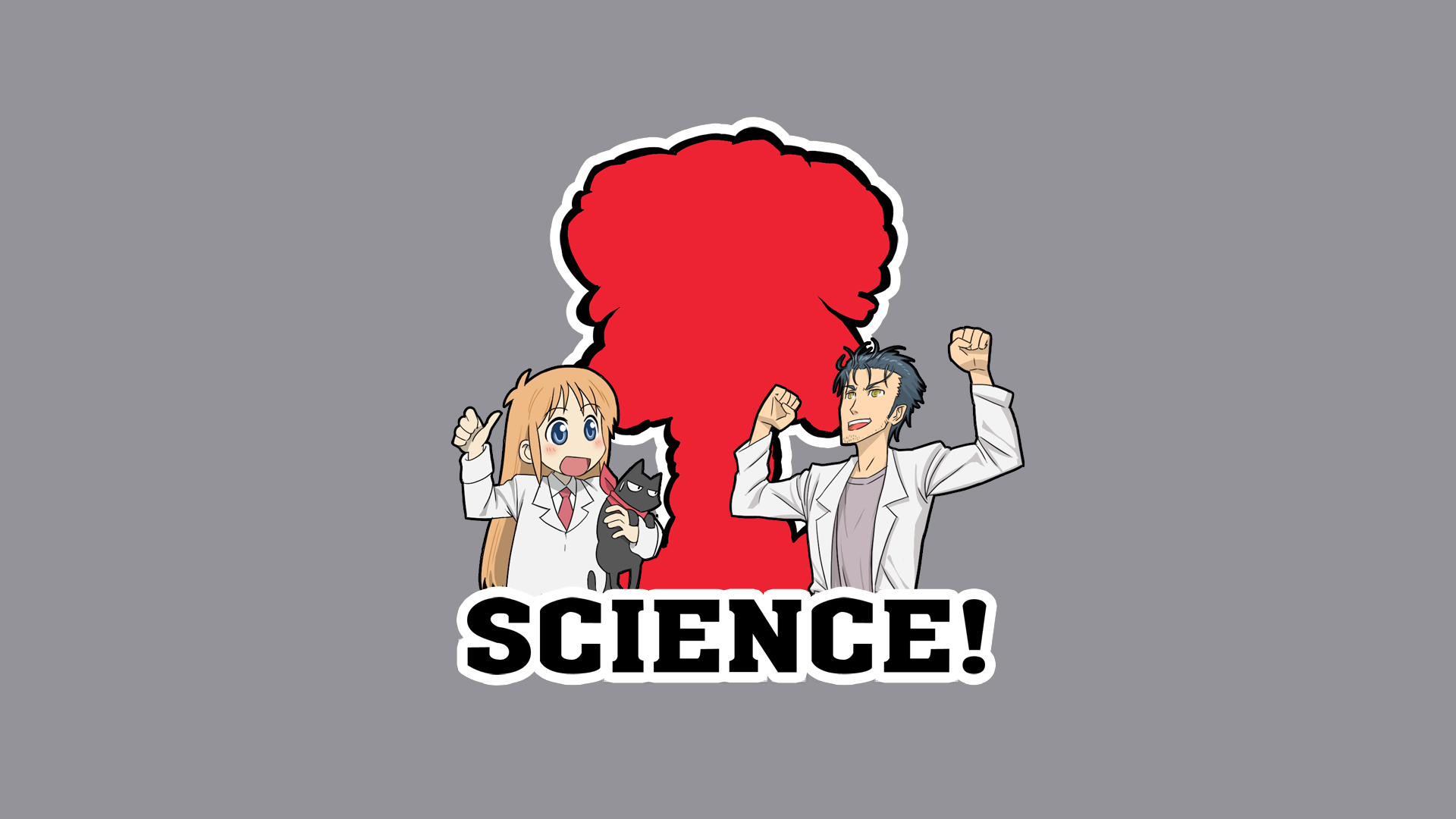 Anime crossover featuring characters from Nichijō and Steins;Gate in a science-themed wallpaper.