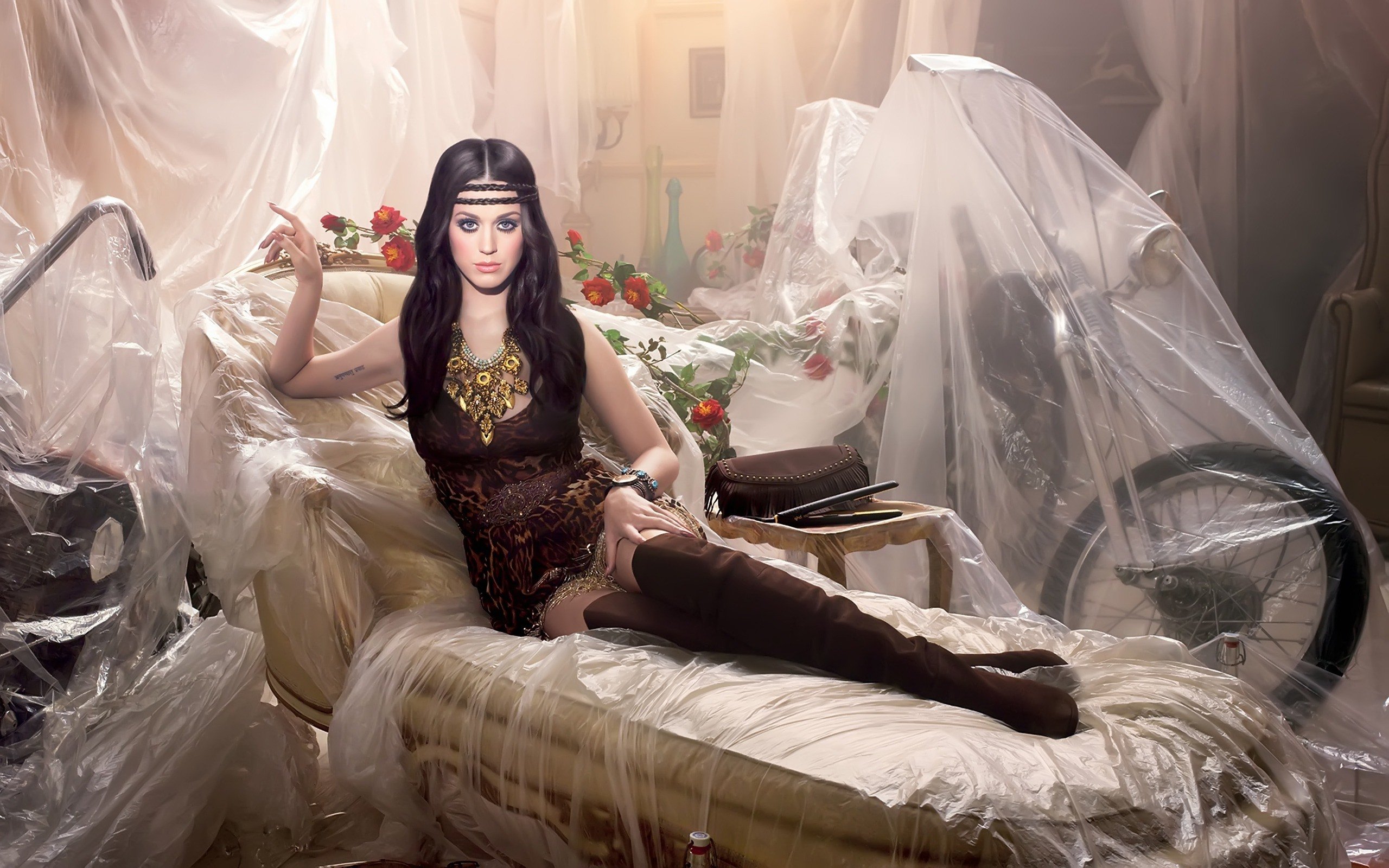 Katy Perry in a music-themed desktop wallpaper.