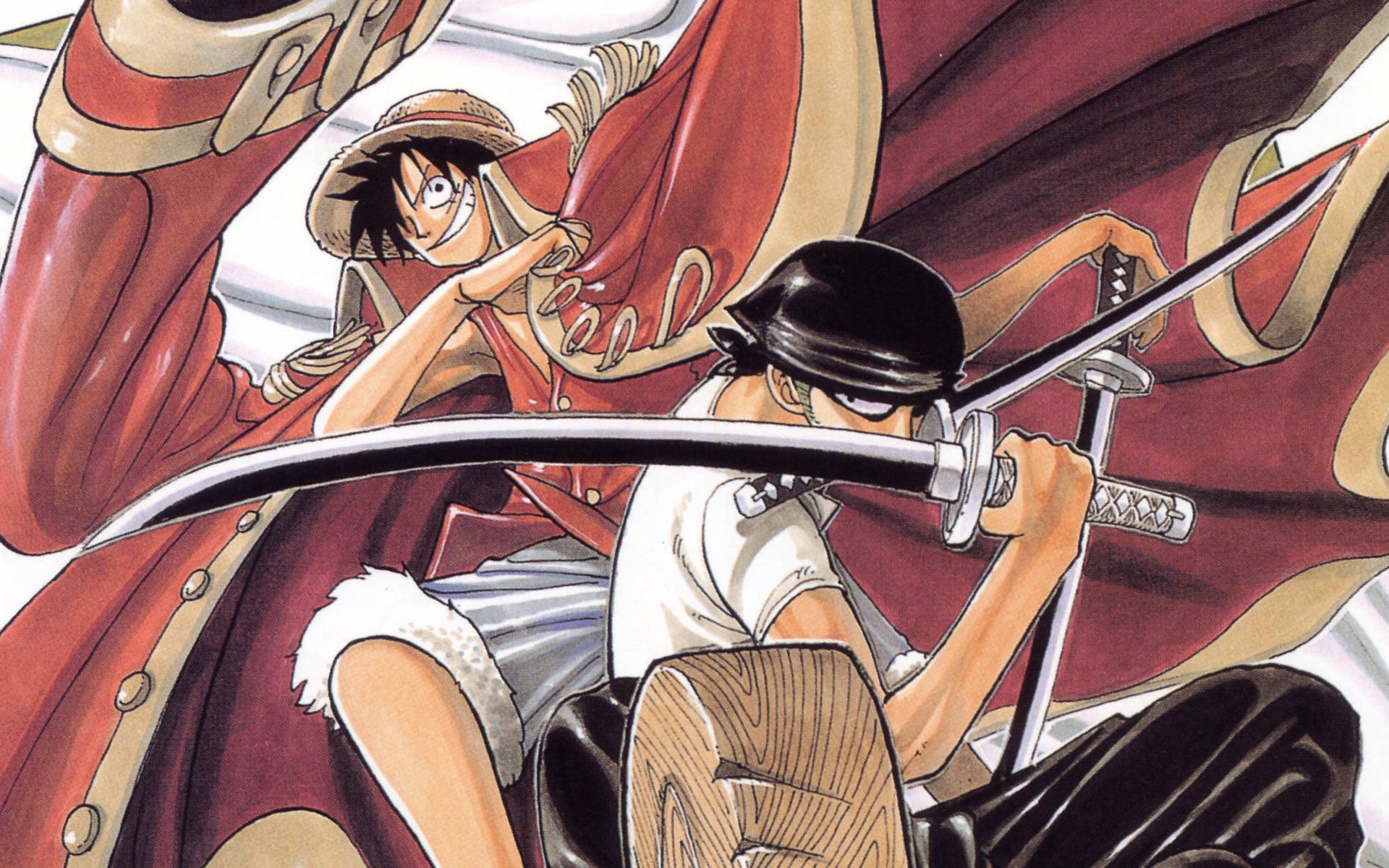 Anime-inspired HD desktop wallpaper featuring characters from One Piece, showcasing dynamic poses and vibrant colors. A perfect backdrop for fans of the series.