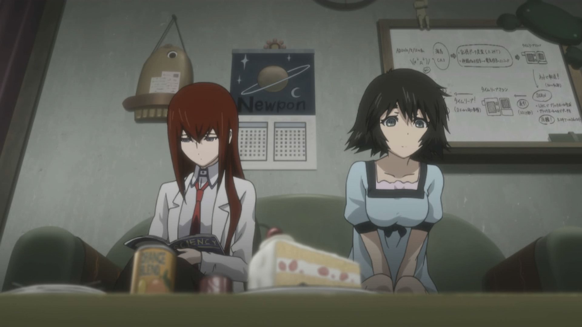 Anime Steins;Gate HD PC desktop wallpaper: Kurisu and Mayuri sit on a couch with snacks, a calendar and whiteboard behind them in a dim, cozy lab-like room.