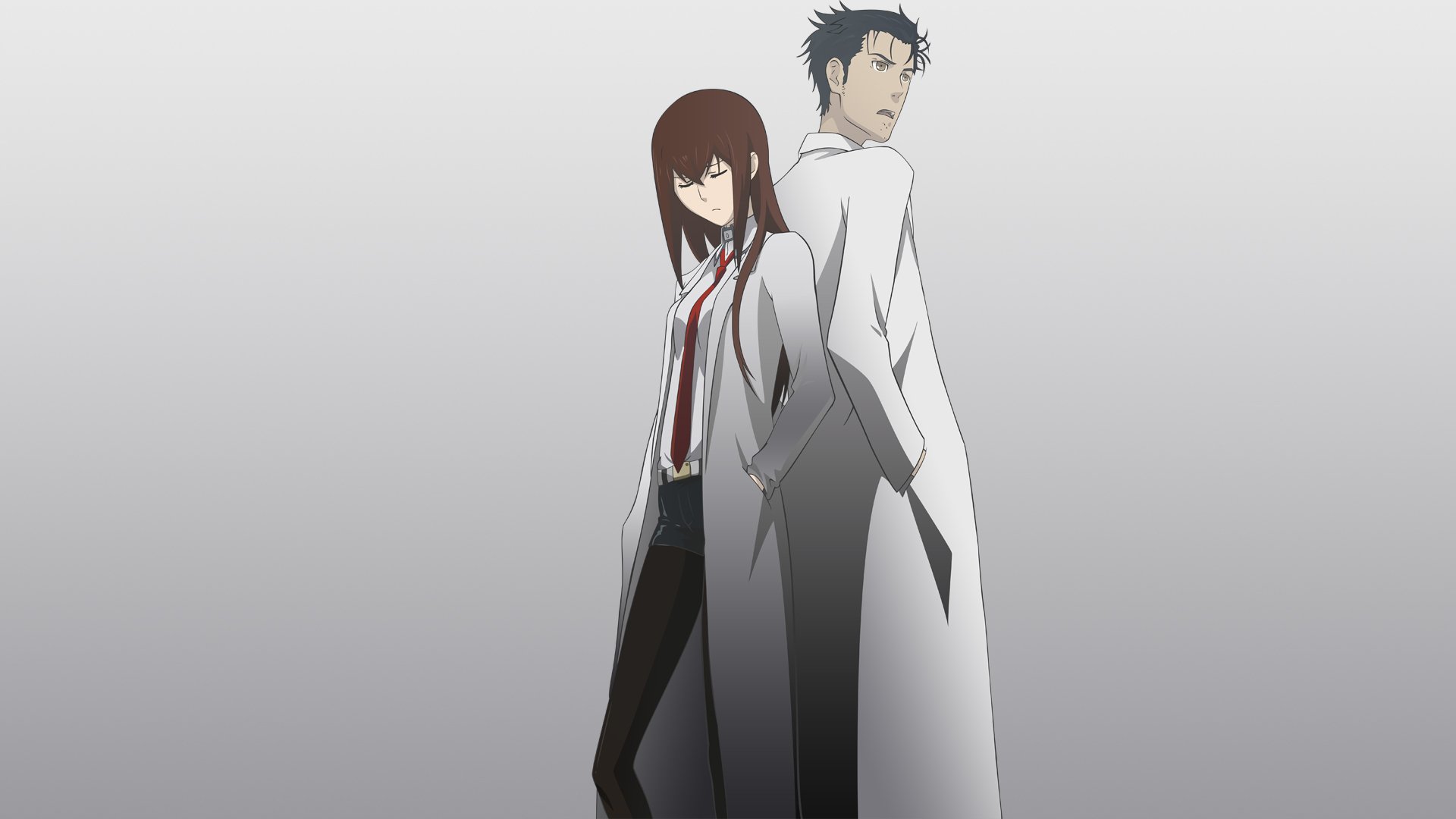 Anime HD desktop wallpaper featuring two characters from Steins;Gate standing back to back against a minimalist gray background.