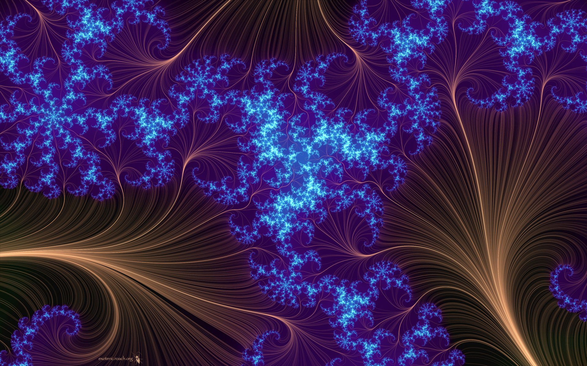 A vibrant abstract wallpaper featuring a blue psychedelic fractal pattern with intricate swirls and curves, creating a trippy and visually striking design.