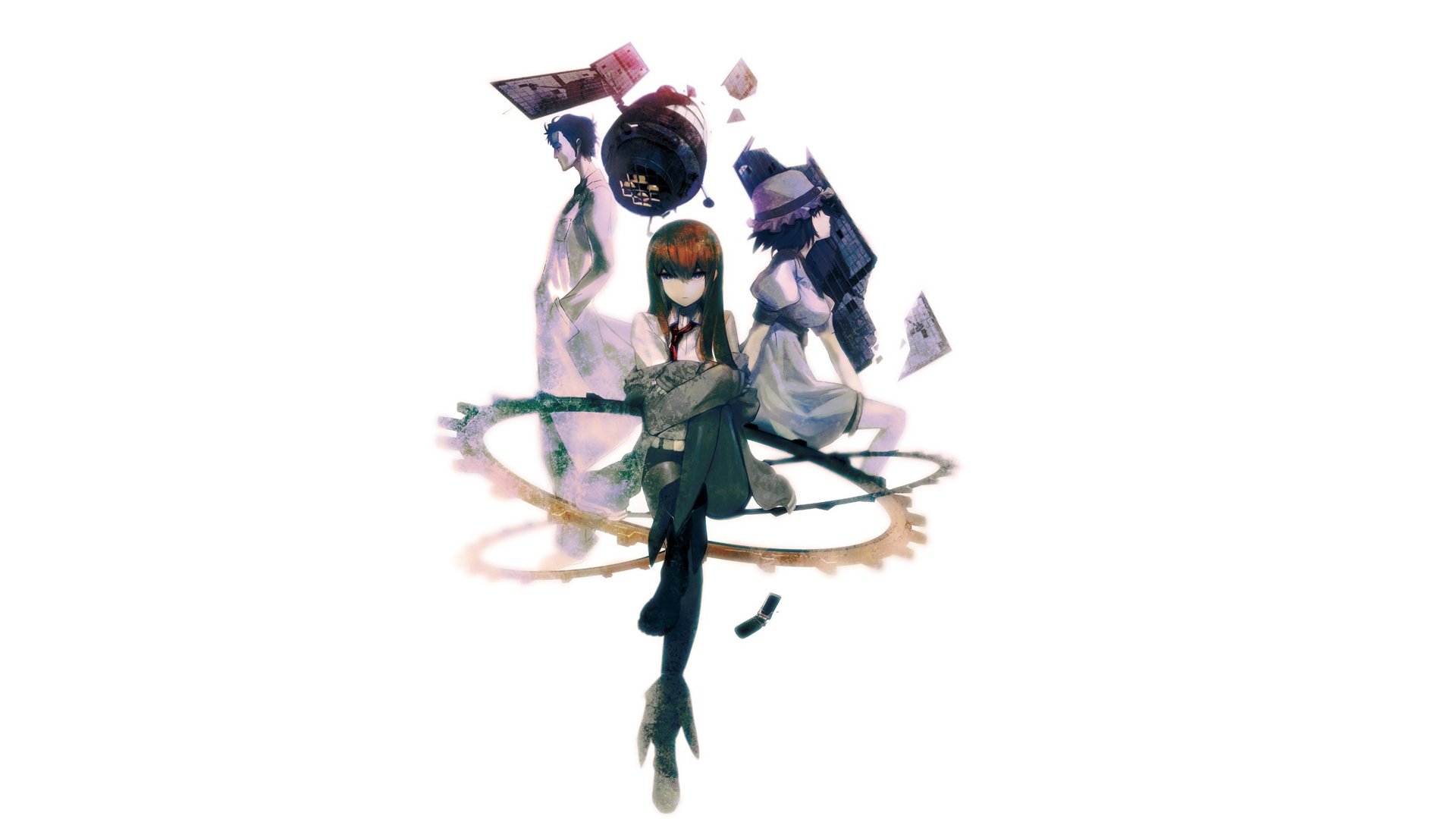 Anime-inspired HD wallpaper featuring characters from Steins;Gate, with dynamic poses and a swirling background, creating an intriguing visual experience.
