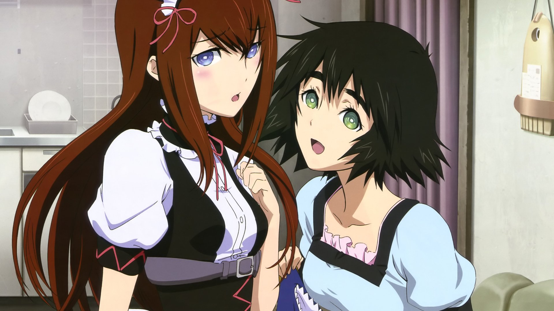 A vibrant HD wallpaper featuring Kurisu Makise and Mayuri Shiina from the anime Steins;Gate, capturing their playful interaction in a lively setting.