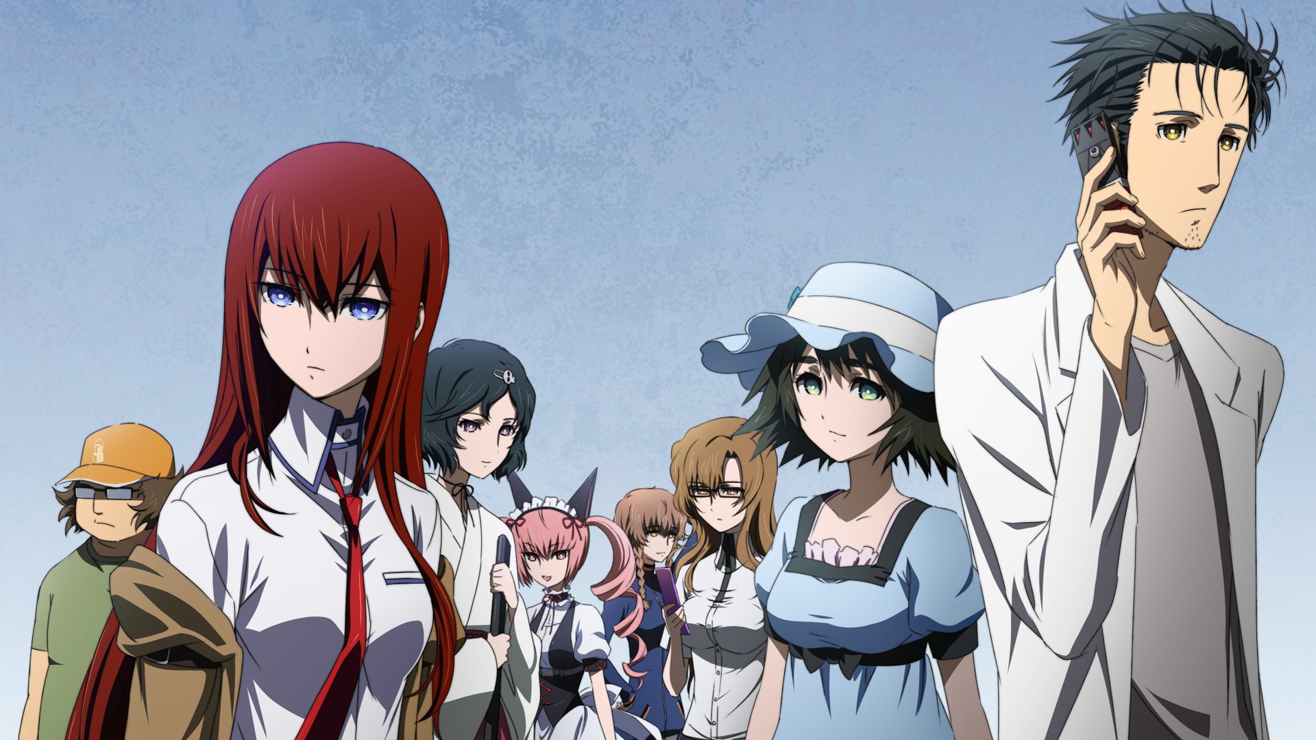 HD PC desktop wallpaper featuring main characters from the anime Steins;Gate, set against a muted blue background.