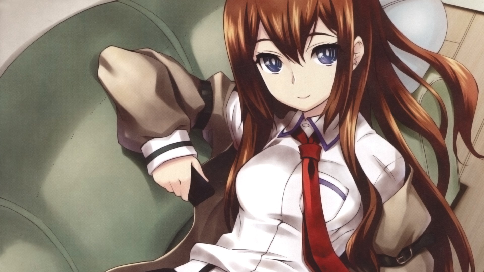 HD Steins;Gate anime desktop wallpaper of a brown-haired, blue-eyed woman in a white shirt, red tie and beige jacket reclining on a green sofa.