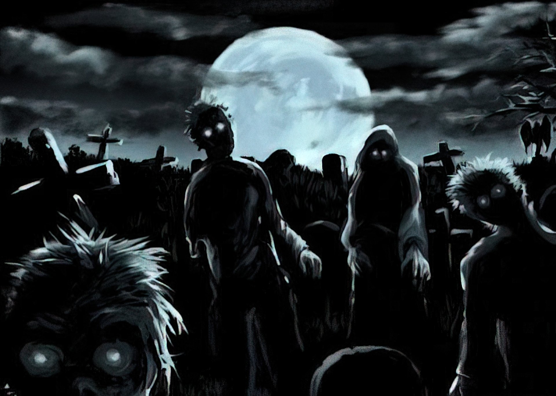 A dark, eerie scene featuring zombies emerging from gravestones under a full moon, creating a chilling atmosphere. Suitable as a high-definition desktop wallpaper and background.